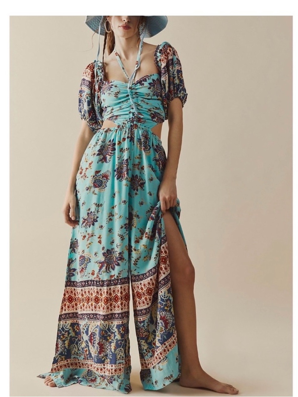Free People Turquoise Floral Boho Maxi Dress with Puff Sleeves